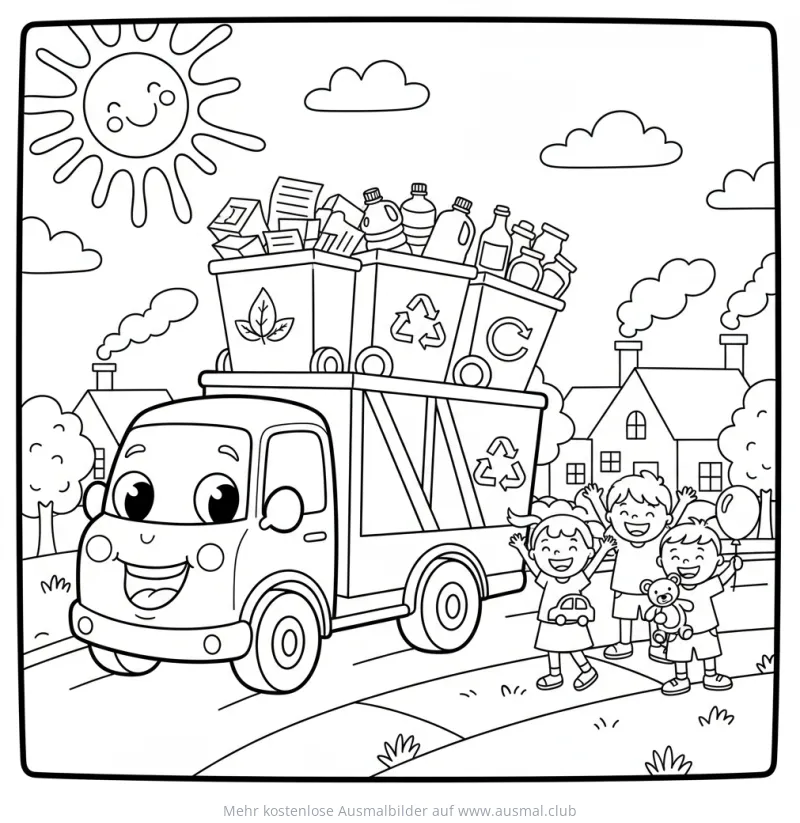 Recycling LKW mit Mülltonnen und Kindern Ausmalbild