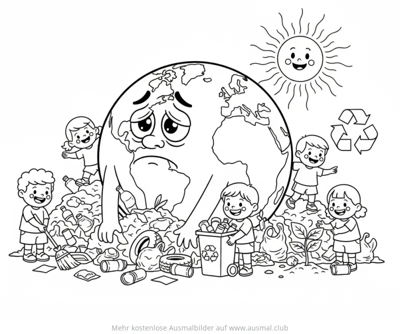 Traurige Erde mit Kindern beim Müll sammeln Ausmalbild