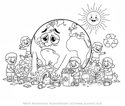 Traurige Erde mit Kindern beim Müll sammeln Ausmalbild