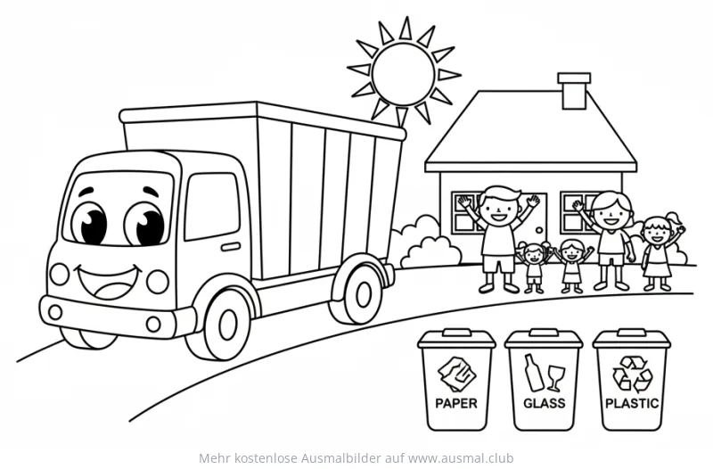 Recycling LKW vor Haus mit Familie Ausmalbild
