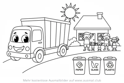 Recycling LKW vor Haus mit Familie Ausmalbild