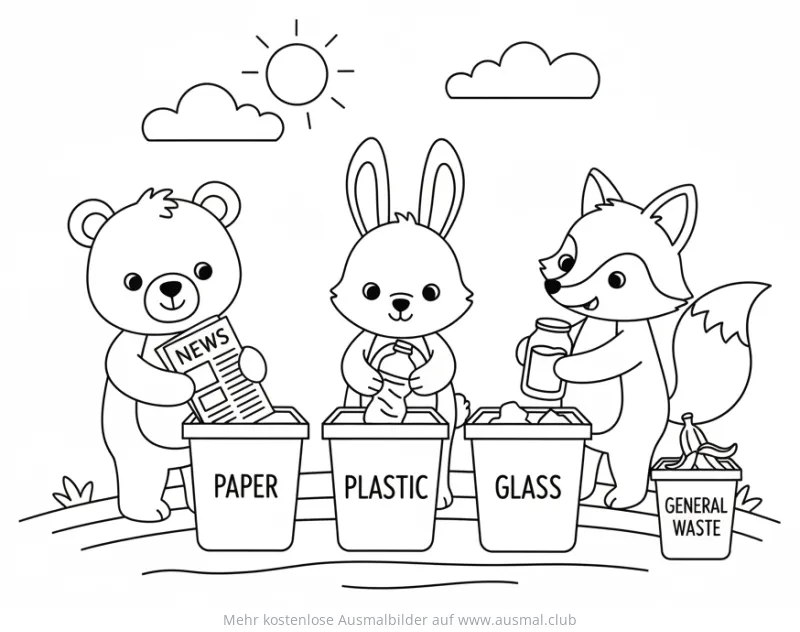 Bär, Hase und Fuchs beim Mülltrennen Ausmalbild