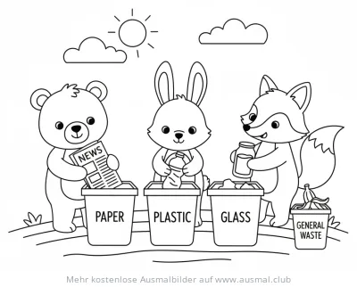 Bär, Hase und Fuchs beim Mülltrennen Ausmalbild