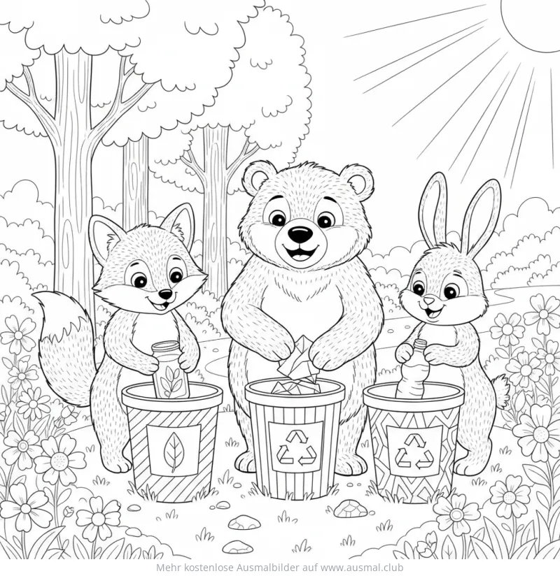 Fuchs, Bär und Hase trennen Müll Ausmalbild