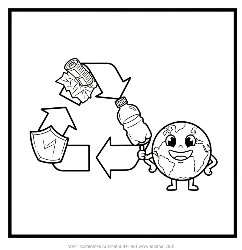 Recycling Symbol Ausmalbild mit lächelnder Erde