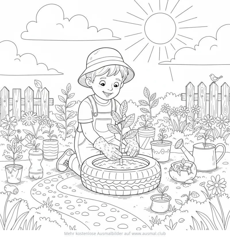 Junge pflanzt in recyceltem Reifen Ausmalbild