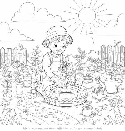 Junge pflanzt in recyceltem Reifen Ausmalbild