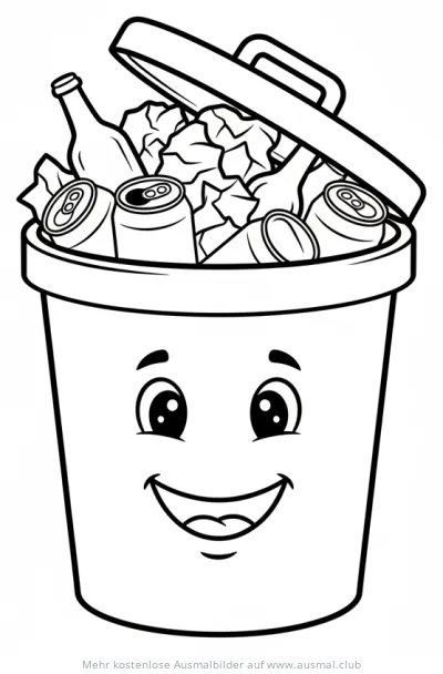 Mülltonne mit Gesicht gefüllt mit Recycling-Material Ausmalbild