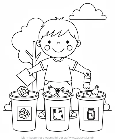 Junge sortiert Müll in Recycling Ausmalbild