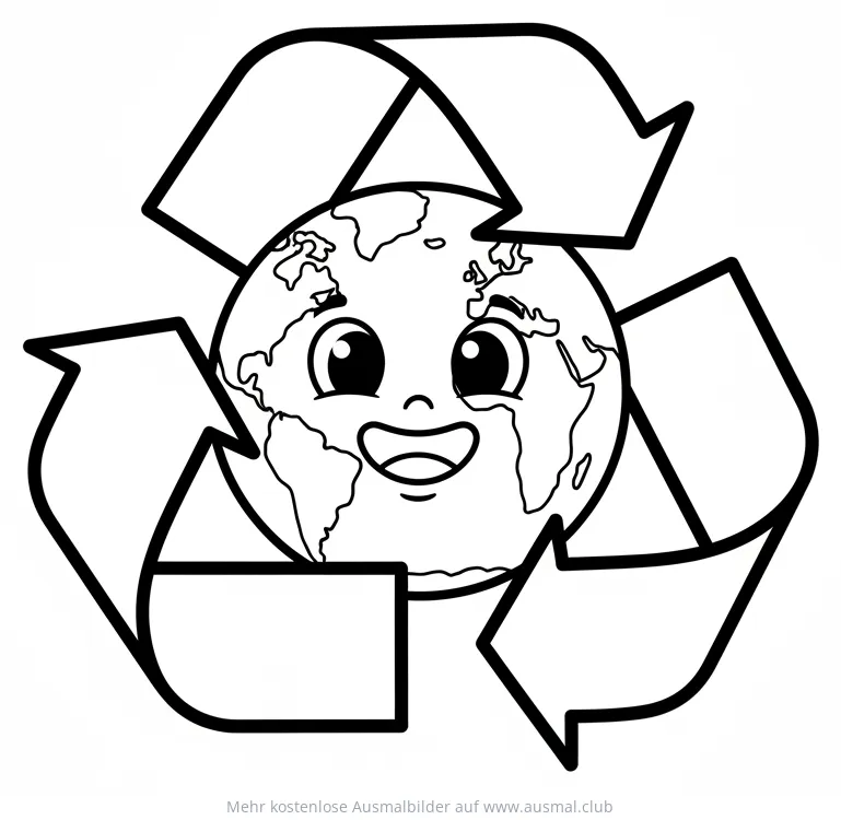 Erde mit Gesicht und Recycling Symbol Ausmalbild