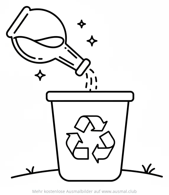 Flasche wird in Recycling-Mülltonne geleert Ausmalbild