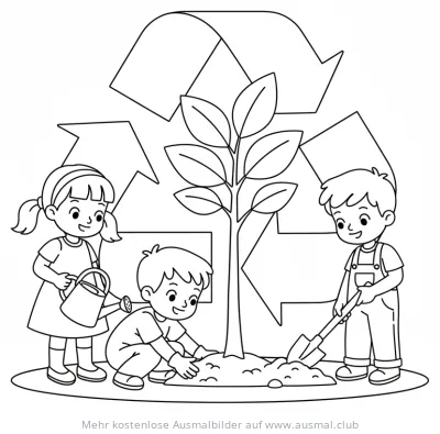 Baumpflanzen Ausmalbild mit Kindern und Recycling-Symbol