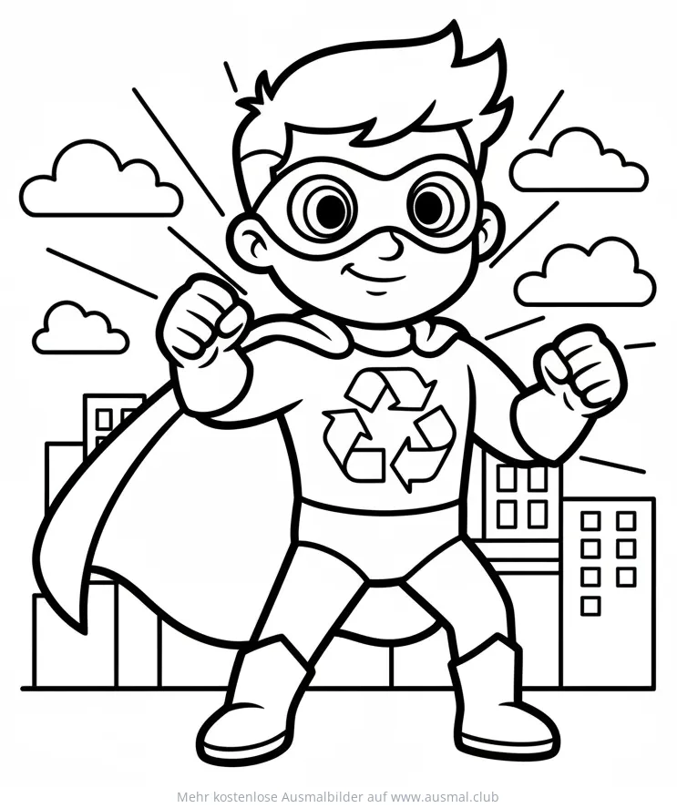 Recycling Superheld Ausmalbild mit Cape und Recycling-Symbol