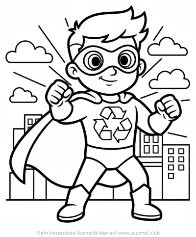 Recycling Superheld Ausmalbild mit Cape und Recycling-Symbol