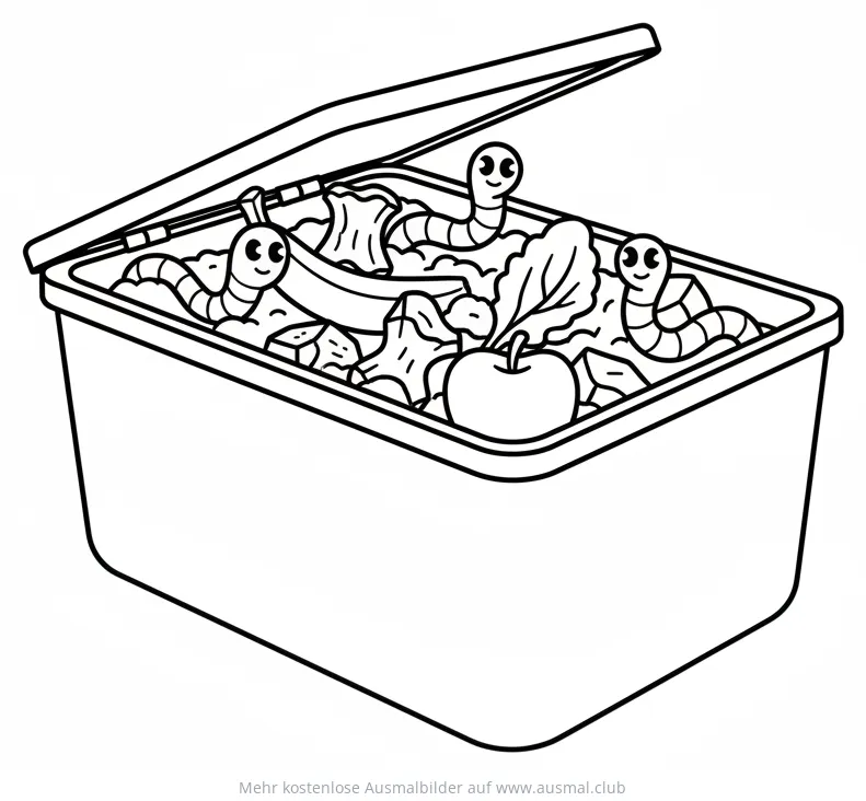 Kompostkiste mit Gemüseabfällen und Würmern Ausmalbild