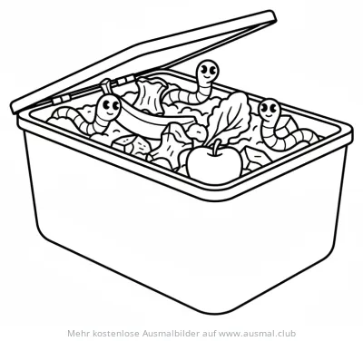 Kompostkiste mit Gemüseabfällen und Würmern Ausmalbild