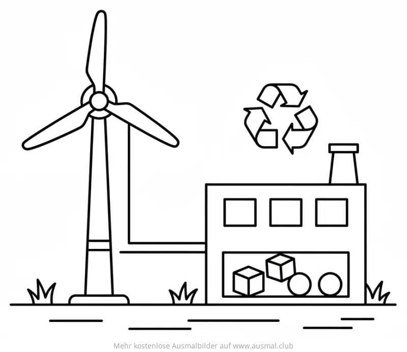 Windrad und Recycling Fabrik Ausmalbild