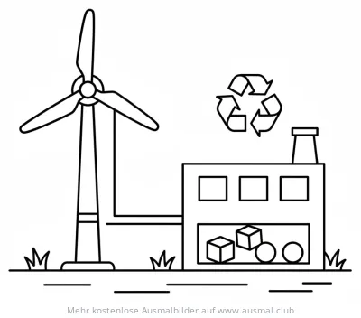 Windrad und Recycling Fabrik Ausmalbild