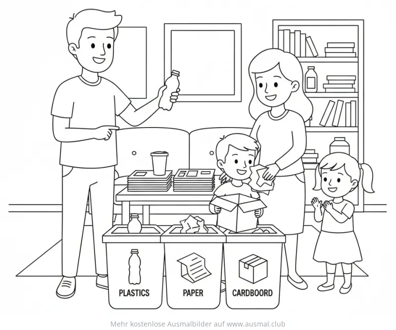 Familie trennt Müll: Ausmalbild zum Thema Recycling