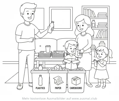 Familie trennt Müll: Ausmalbild zum Thema Recycling