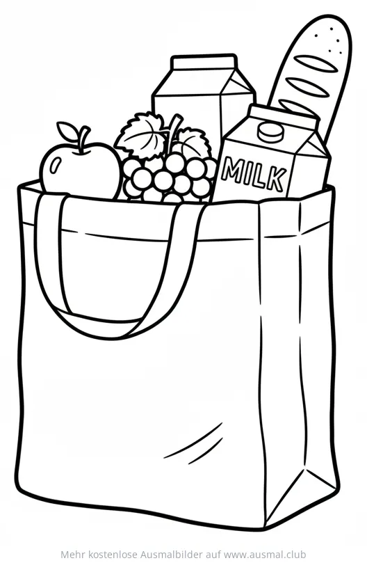 Einkaufstasche mit Apfel, Trauben, Brot und Milch Ausmalbild
