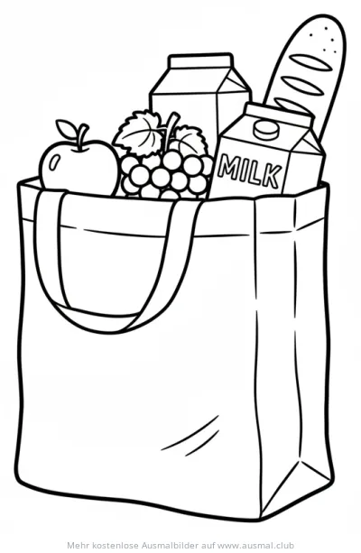 Einkaufstasche mit Apfel, Trauben, Brot und Milch Ausmalbild