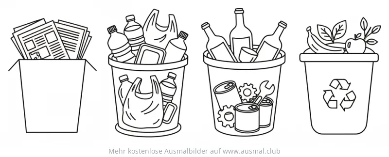 Mülltrennung Ausmalbild mit Papier, Plastik, Glas und Biomüll