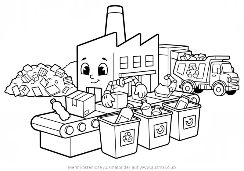 Recyclingfabrik mit Müllwagen und Mülltonnen Ausmalbild