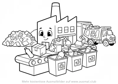 Recyclingfabrik mit Müllwagen und Mülltonnen Ausmalbild