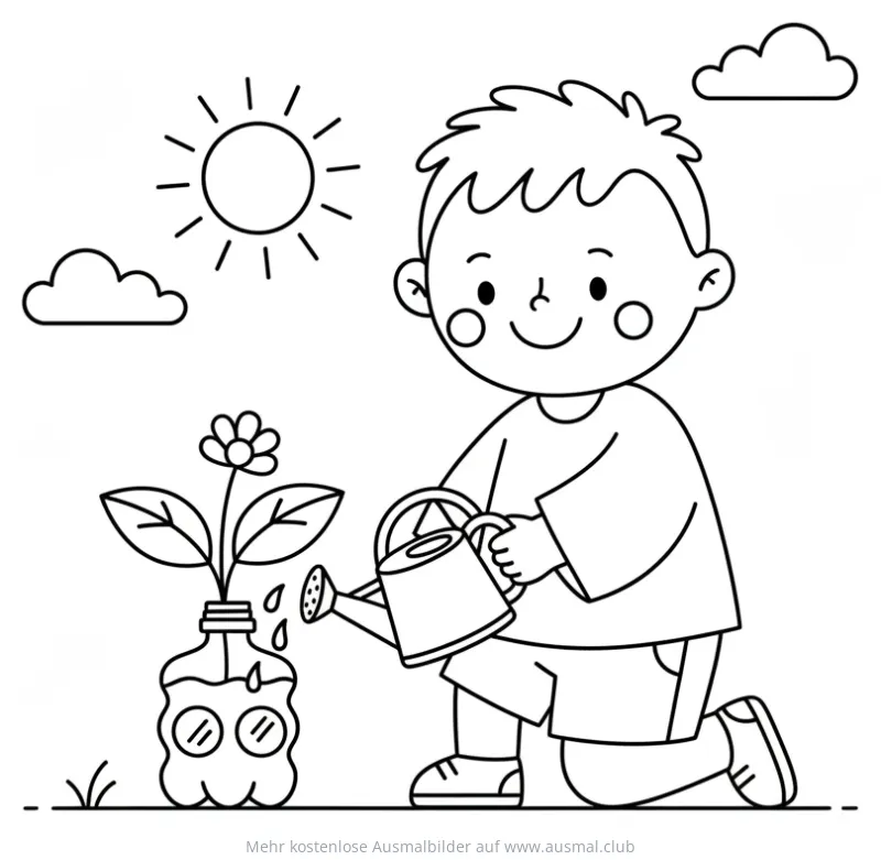 Junge gießt Pflanze in recycelter Plastikflasche Ausmalbild