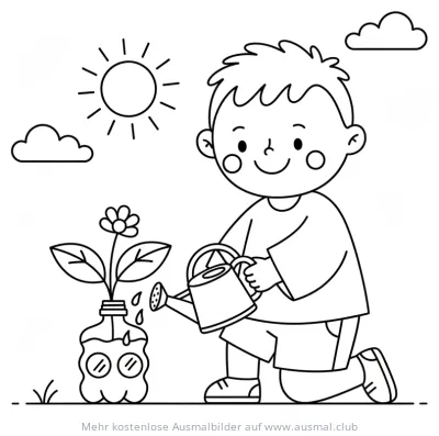 Junge gießt Pflanze in recycelter Plastikflasche Ausmalbild