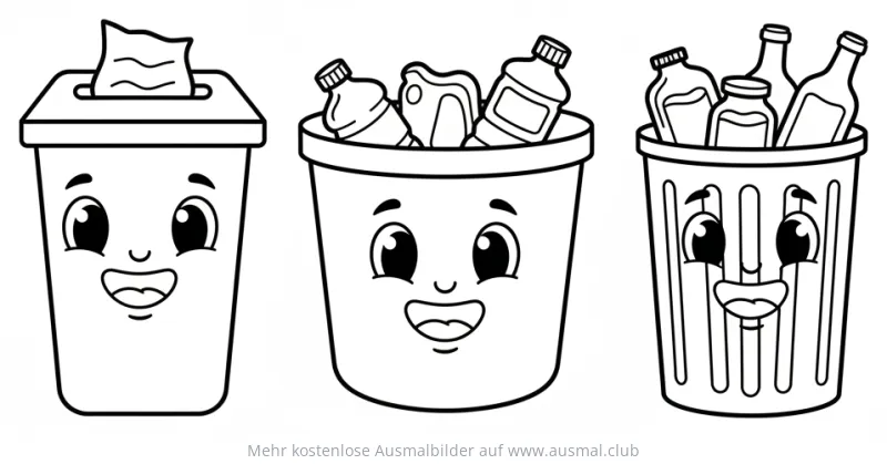 Drei lächelnde Recycling-Tonnen Ausmalbild