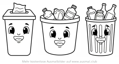 Drei lächelnde Recycling-Tonnen Ausmalbild