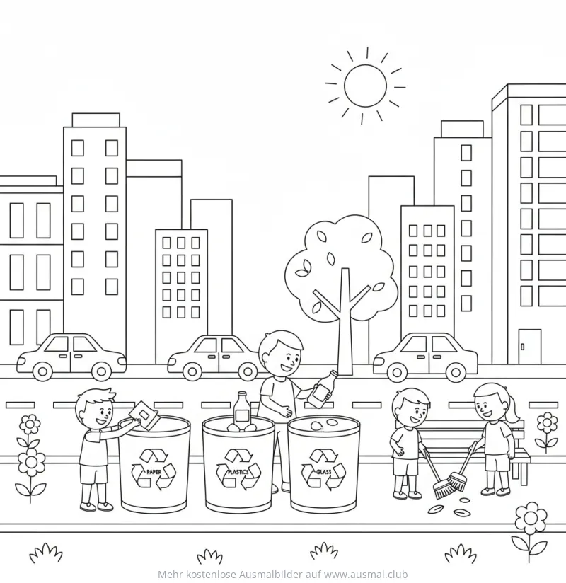 Kinder trennen Müll in der Stadt Ausmalbild