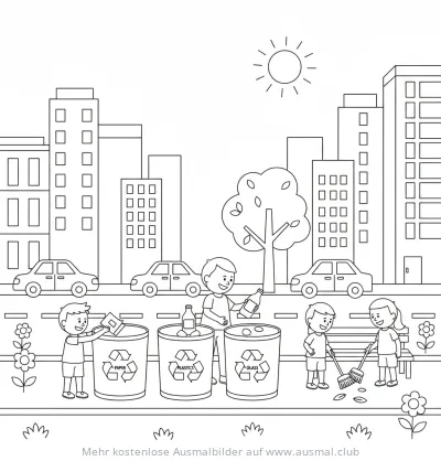 Kinder trennen Müll in der Stadt Ausmalbild