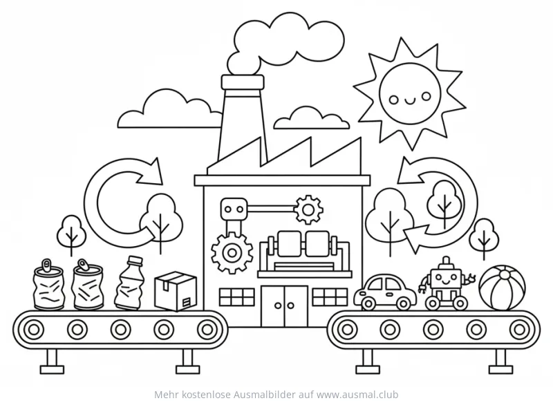 Recycling Fabrik Ausmalbild mit Förderbändern und Sonne