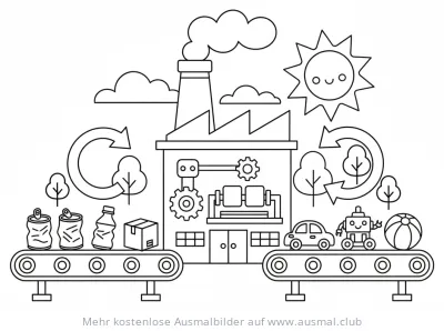 Recycling Fabrik Ausmalbild mit Förderbändern und Sonne