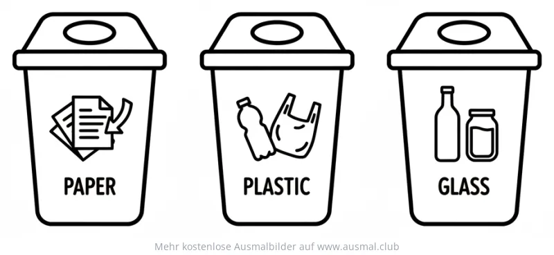 Mülltonnen für Papier, Plastik und Glas Ausmalbild