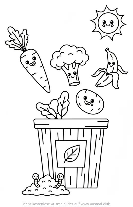 Gemüse Kompost Ausmalbild mit Karotten, Brokkoli, Kartoffeln und Bananen