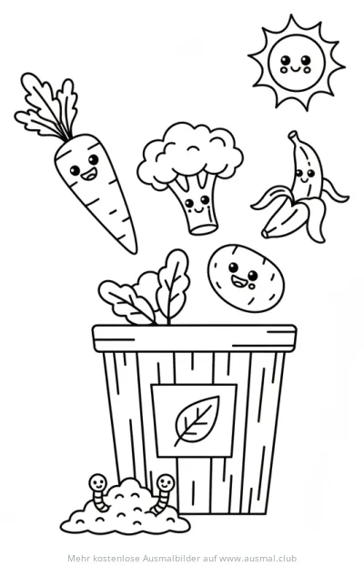 Gemüse Kompost Ausmalbild mit Karotten, Brokkoli, Kartoffeln und Bananen