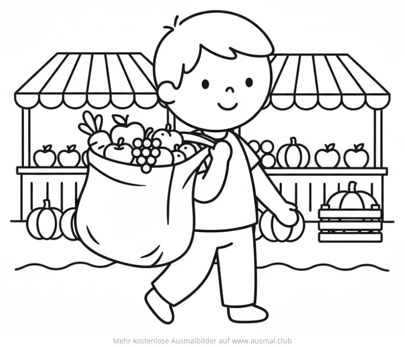 Junge mit Einkaufstasche vom Bauernmarkt Ausmalbild