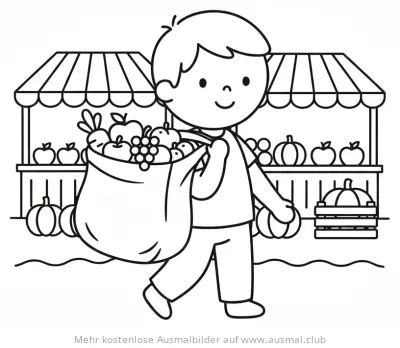 Junge mit Einkaufstasche vom Bauernmarkt Ausmalbild