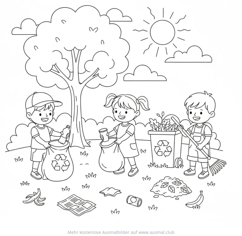 Parksäubern Ausmalbild mit Kindern, Müllsack und Recycling-Symbol