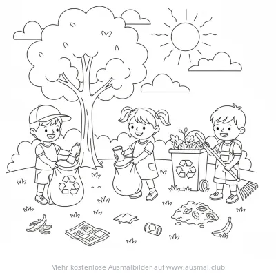 Parksäubern Ausmalbild mit Kindern, Müllsack und Recycling-Symbol