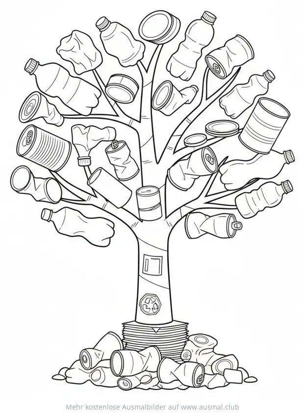 Recycling Baum Ausmalbild mit Dosen und Plastikflaschen