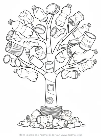 Recycling Baum Ausmalbild mit Dosen und Plastikflaschen