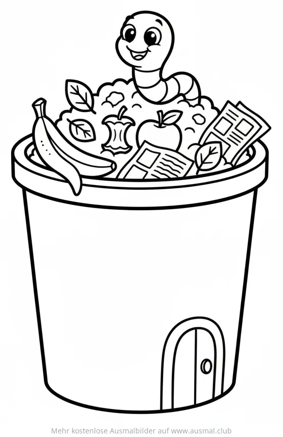 Komposttonne mit Wurm Ausmalbild