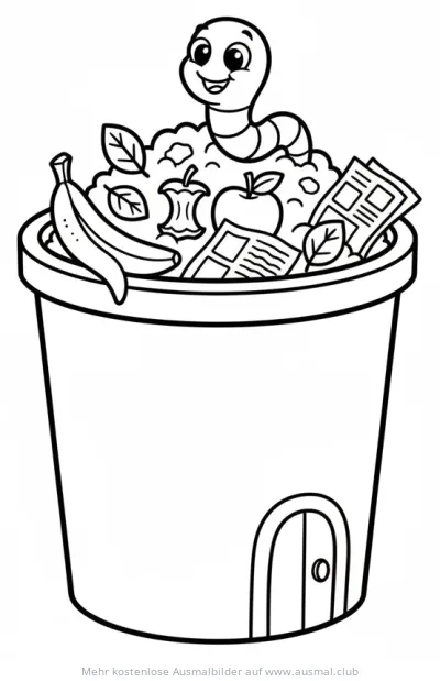 Komposttonne mit Wurm Ausmalbild
