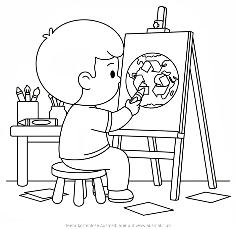 Junge malt Recycling-Symbol auf Weltkugel Ausmalbild