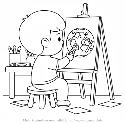 Junge malt Recycling-Symbol auf Weltkugel Ausmalbild